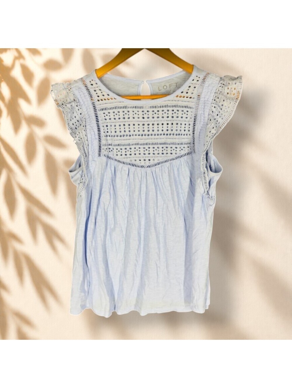 Loft Blouse Women M Medium Blue Short Sleeve Embroidered Hook & Eye Casual